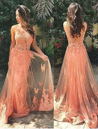 백 레이스 무도회 드레스 오렌지 컬러 레이스 appliques 2016 얇은 명주 그물 저녁 가운 긴 섹시한 라운드 넥 깎아 지른듯한 상단의 vestidos