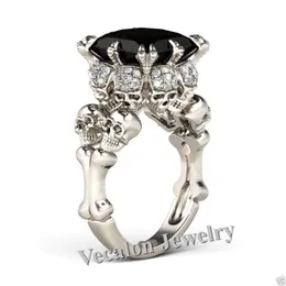 Vecalon Antique Women Skull Jewelry Simulated Black Diamond Cz Wedding Band Ring for Women White Gold Filled Female Finger ring
