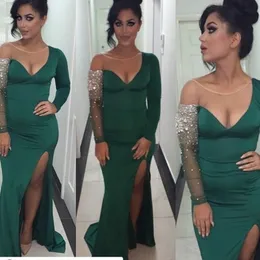 Sexy Hunter Verde Elastic Silk como Cetim Mermiad Prom Vestidos Longos Com Mangas Compridas Cristais Frisados ​​Tamanho Dividir Vestidos de Festa EN8254