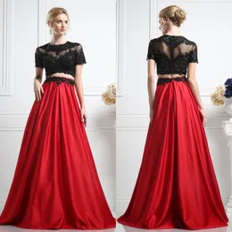 Modest 2016 Black Lace Red Stain Skirt Two Pieces Prom Dresses Long Cheap Jewel Short Sleeve Applique Beaded Floor Length Party Gown EN32410