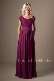 Vintage Purple Lace Chiffon Modest Bridesmaid Dresses With Short Sleeves Long Floor A-line Wedding Party Dresses Maids of Honor Dresses
