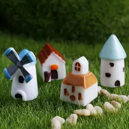 Partihandel-4pcs / set Mini Resin Church Castle Windmill Shed Cabin House Fairy Garden Miniature Craft Micro Cottage Landskapsdekoration