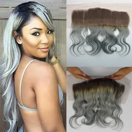 9A Virgin Brazilian Silver Grey Ombre 13x4 Lace Frontal Closure Bleached Knots Body Wave #1B/Grey Dark Roots Two Tone Full Lace Frontals