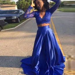 Royal Blue Lace Long Sleeve Evening Dresses Two Pieces A-Line Satin Evening Gowns For Black Girls Sexy V-Neck Women African Prom Gowns