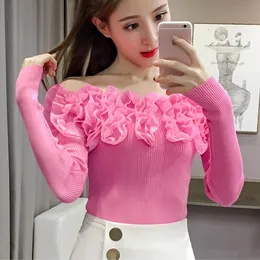 Women's Slash Neck Sweater Sexy Lace Boat Neck Knit Pullover Knitted Long Sleeve Off Shoulder Knitwear Casual Solid Sweatshirts HXH