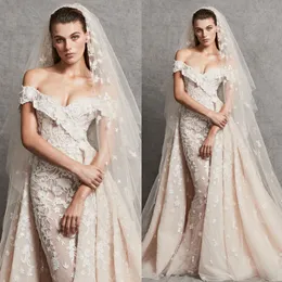 Zuhair Murad sjöjungfru överskirt bröllopsklänningar från axeln spets brudklänningar applicerade trumpet plus storlek vestidos de nnovia 415