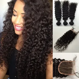 8A Brazilian Peruvian Malaysian Indian Hair Weaves and Closures Deep Wave Bundles 3Pieces Hair With 1 Lace Closure Human Hair Weft Extension