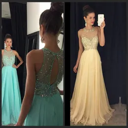 Beautiful Aqua Prom Dresses 2016 Sheer O Neckline Beaded Sequins Chiffon Long Party Prom Gowns
