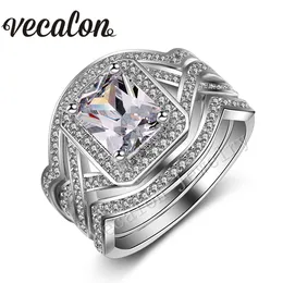 Vecalon princesa corte 4ct simulado diamante cz 3-em-1 anel de banda de casamento de casamento conjunto para mulheres 10kt branco ouro cheio de ouro