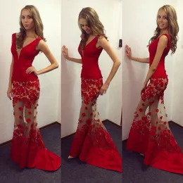 Hot Red Evening Dresses Mermaid Sexy V Neck Appliques with Hand Made Flowers Illusion Style Long Satin Prom Party Gowns Celebrity Dresses