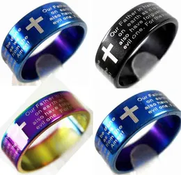 Bulk Lots 100pcs English Lord's Prayer Cross Stainless Steel Rings 3 Colors Mix Wholesale Mens Fashion Jewelry