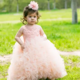 2017 Peach Coral Lace Flower Girl Vestidos Menina Formal Para Casamentos Flowergirl Vestidos de Baile Longa Comunhão Pouco Crianças Meninas Pageant Vestido