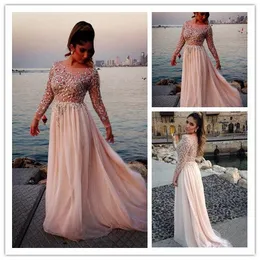 Trend Long Sleeve Evening Gowns Sequined Beads Chiffon Prom Dresses vestidos de festa Formal Party Gown For Graduation Scoop Vestidos