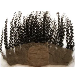 Tanie jedwabne bazy koronki frontal 13x4 z włosami dla dzieci 8-24 "Kinky kręcone dziewicy Indian Hair Silk Base Pełna Koronka Frontal Zamknij Bleached Węzły