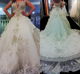 Luxury Wedding Dresses With Beaded Crystal Scoop Neckline Wedding Gowns Court Train With Applique Tiered Ruffle Custom Made Bridal Dresses