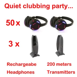 RF Professional Silent Disco Equipment Black LED Wireless Headphones - Quiet Clubbing Party Bundel met 50 ontvangers en 3 zenders van 200 meter afstand
