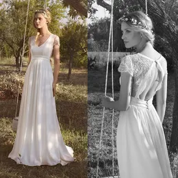 Beach Rembo Styling Chiffon Dresses V Neck Short Sleeve Lace Applique Bridal Gowns Vintage Hollow Back Wedding Dress Cheap intage