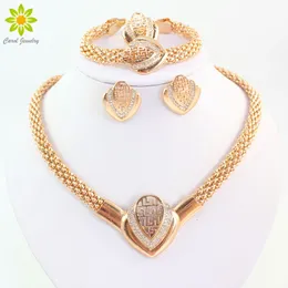 Kvinnor Fashion Gold Plated Crystal Necklace Earring Armband Ring Dubai Jewelry African Beads Jewellery Costume