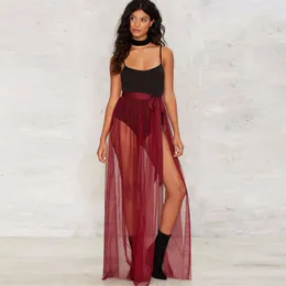 Skirts Hot Sexy See Through Over Skirt New Fashion Burgundy Tulle Illusion One Layer Women Skirt With Ribbon Sash High Split Floor Length