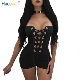 HAOYUAN Straplez Dantel Up Bandaj Seksi Tulum Yaz Perçin Oymak Bodycon Bodysuit Kulübü Siyah Tulum Bayan Tulum q1110 Giymek