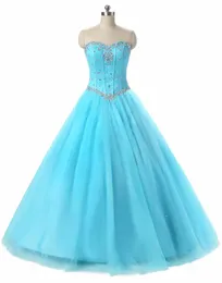 2017 NYA SEXIG SWEETHEART Blue Ball Gowns Quinceanera Klänningar med pärlor Kristaller Lace Up Sweet 16 Dresses 15 Year Prom Gowns QS1083