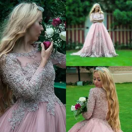 Arabia Arabski Różowe suknia Prom Dresses Kryształki zroszony długi rękaw koronki Aplikacja Wieczór Suknie Pociąg Sweep Korowód sukienek