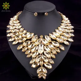Conjunto de joias com miçangas africanas, 6 cores, colar de casamento, conjunto de joias femininas, colar de cristal banhado a ouro e brincos