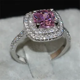 Lady's Pink Gemstone Ringar Smycken 925 Sterling Silver Princess-Cut 4ct Crystal Diamond Wedding Ring för Alla hjärtans dag Presentstorlek 5-10