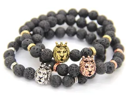 2016 Hot Sale Men Present Smycken Högkvalitativ 8mm Lava Stone med Antik SilverGold Crown Lion Head Armband, Partihandel