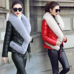 Kvinnors Luxury Genuine Sheepskin Leather Duck Down Polded Långärmad Fox Fur Collar Sashes Slim Waist Parka Short Coat Casacos