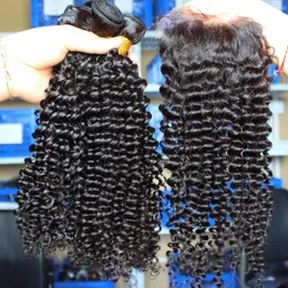 7A Mongolian Kinky Curly Hair Free Parting 4*4 Silk Base Closure With Hair Bundles 3Pcs Curly Human Hair With Silk Closure 4Pcs/Lot