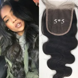 Indian Human Hair Lace Stängning 5x5 Blekade knutar Virgin Natural Black Free Middle Three Part Stängningar