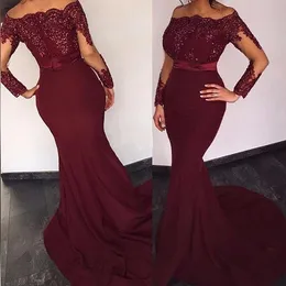 Burgundy Mermaid Evening Dresses 2023 Boat Neck Sheer Appliques Lace Long Sleeve Women Sexy Beaded Prom Gowns Cocktail Party Dress