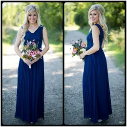 A Line Sleeveless Lace Upper Chiffon V Neck Pleated Navy Blue Bridesmaid Dresses 2016 Robe Demoiselle D'honneur