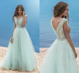 Mint 2017 Beach Evening Dress V-Neck A-Line Tulle Suknie Wieczorowe Vintage Sexy Formalne Wysokiej Jakości Party Suknie Koronki