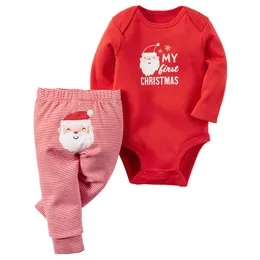 2 stilar Baby Christmas Sets Mode Baby Jul Santa Långärmad Rompers + Striped Byxor 2 st Suit Christmas Deer Nyfödd Bodysuit Set