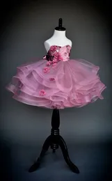 Krótki Mini 3d-Floral Aplikacje Dresses Girls 'Dresses na Wesela Wstążka Bow Pageant Suknie Elastyczna Talia Bez Ramiączek Cekiną Zroszony Suknia Komuniowa