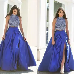 2021 New Royal Blue Two Piece Prom Dresses High Beads A Line Satin Floor-Length Party Dress Floor-Length Evening Party Gowns