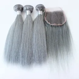 Włosy 3PCS z zamknięciem ludzkie włosy szary brazylijski proste srebrne siwe włosy przedłużki szare splotowe pakiety z zamknięciem w magazynie