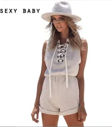 2016 Chic Jumpsuit Romper Womens Lace Up Sleeveless V Neck Ladies Casual Clothing Plus Size Short Beach Sport Playsuit free shipping