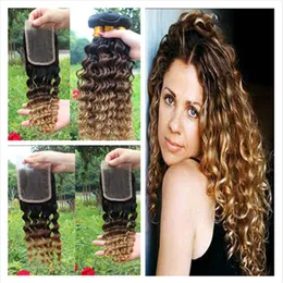 Malezyjska głęboka fala falista Ombre Human Hair Extensions # 1B 4 27 Ombre Włosy Wyplata Wiązki z trzema Tone Ombre Koronki Zamknięcie 4 sztuk Lot