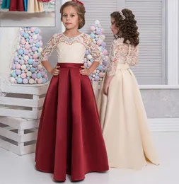 Vintage Flower Girls Dresses 2016 Pretty Communion Dress Lovely Sheer Lace Applique Jewel 3/4 Long Sleeve A Line Satin Girls Pageant Gowns