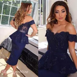 Short Navy Blue Cocktail Dresses High Quality Off The Shoulder Tea Length Peplum Lace Women Wear Evening Dresses Party Prom Dresses