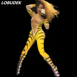 Ny novelty mode gul tiger utskrift jumpsuit dansare cosplay scen prestanda kläder leotard elastiska rompers club pole dance costumes