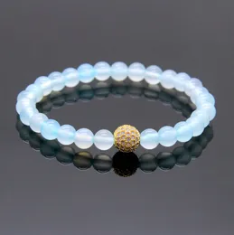 Hot Sale 6mm A Grade Blue Agate Stone Pärlor med 9mm Micro Paved Turkos CZ Ball Beaded Girls Party Present Armband