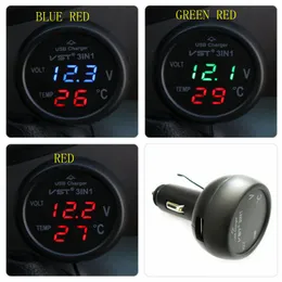 Garanterad 100% 3In1 Digital Voltmeter USB-utgång 5V 2.1A Termometer 12 / 24V Cigarettändare USB-laddare