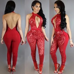 Rompers Wholesale 2017 New Sexy Hollow Out Sequinin Jumpsuit Club Summer Seveless Halter Backless Mesh See seel see
