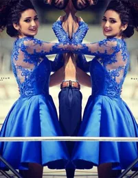 2022 Royal Blue Homecoming Dresses Long Sleeves Short Party Dress Lace Applique Satin Arabic plus size Illusion Back Cocktail Dress