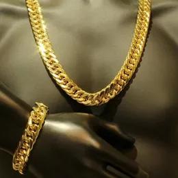 Męskie grube ciasne ogniwo 24-karatowe żółte złoto wypełnione wykończenie Miami Cuban Link Chain i zestaw bransoletek 1,0 cm szerokości (24 cale, 9 cali)