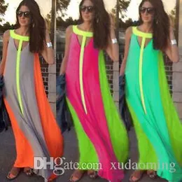 Dresses 2016 Summer Casual Dresses Bright Color Patchwork Sleeveless Sundress Big Skirt Loose Long Dress Cheap Women Maxi Dresses